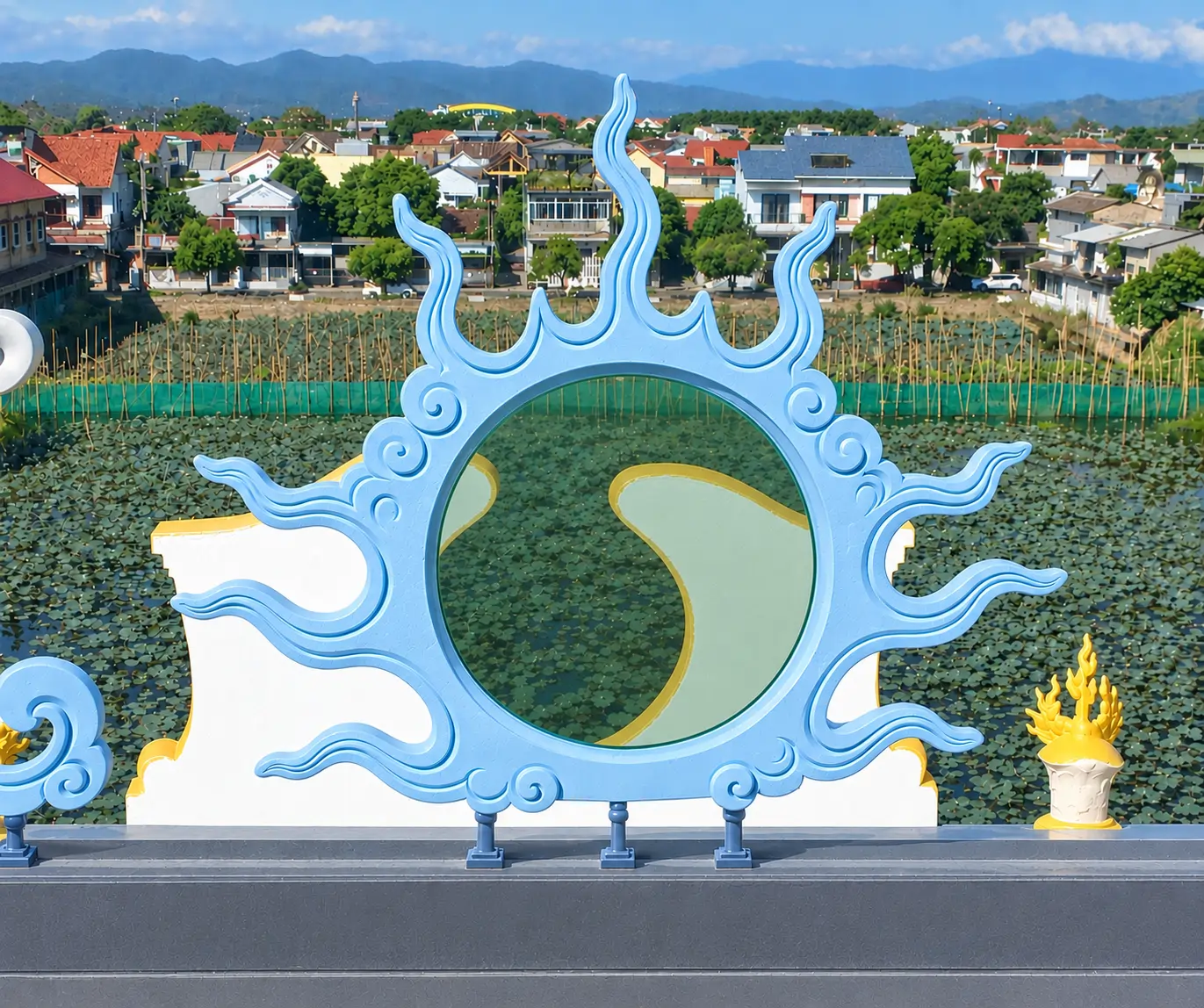 On the roof, Huế’s own ornament: a flaming sun between two dragons.